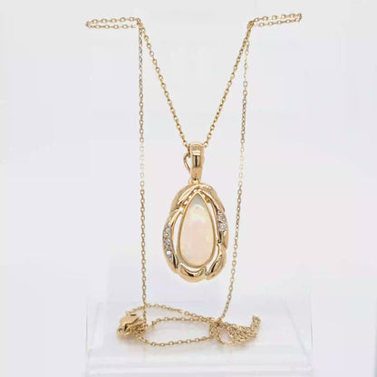 14k Yellow Gold Freeform Pendant with Cabochon Pear Opal & Diamond Accents – Omega Chain Compatible