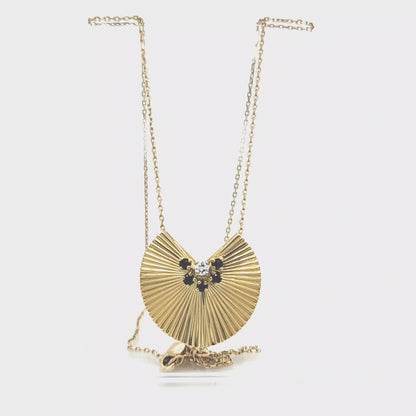 Modern Fan Pendant and Brooch in 18k Yellow Gold with Diamond and Sapphire Accents