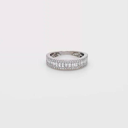 18k White Gold Three-Row Diamond Band Ring – 0.75 Ct, Baguette & Round Diamonds, Size 5