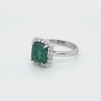 GIA 3.37 ct Natural Emerald and 0.50 ct Halo Diamond Engagement Ring in Platinum