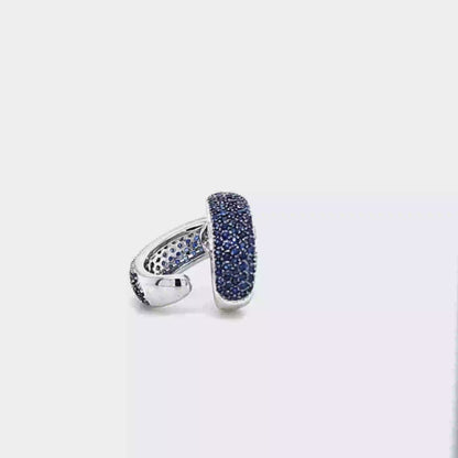 0.60 ct Natural Sapphire Cluster Half Hoop Tusk Earrings in 14k White Gold, Pave Set with Secure Push Backs, 5.5g