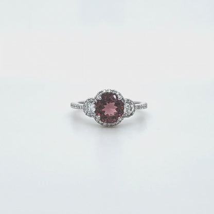 18k White Gold 1.19 ct Round Brilliant Pink Tourmaline Three-Stone Halo Ring with Diamond Accents