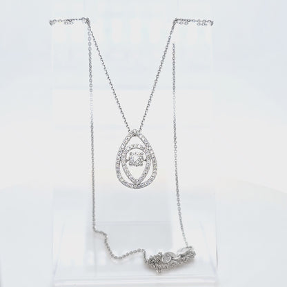 14k White Gold Teardrop Diamond Pendant Necklace | Rose Cut Dancing Diamond, Double Halo Design, 0.37ct TW Natural Diamonds