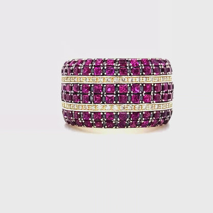 14k Yellow Gold Wide Band Ring with 8 Rows of Princess Cut Rubies and Round Diamonds, Black Rhodium Detailing – 12.5 Grams, Size 6.5