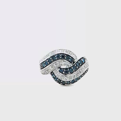 14k White Gold Swirl Interlocking Waves Ring with Blue and White Diamonds - 0.50 Carat Total Weight, Size 7