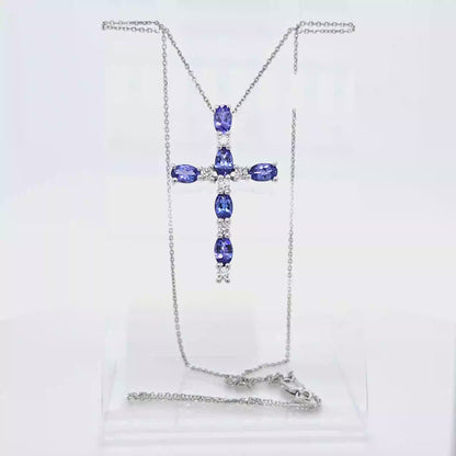 Effy 14k White Gold Tanzanite and Diamond Cross Pendant Necklace – 1.20 CTW Tanzanite, 0.20 CTW Diamond, 18" Chain