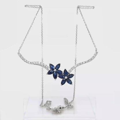 14k White Gold Sapphire and Diamond Flower Necklace – Marquise Sapphire Double Bloom with Diamond Stems, 18" Toi et Moi Style