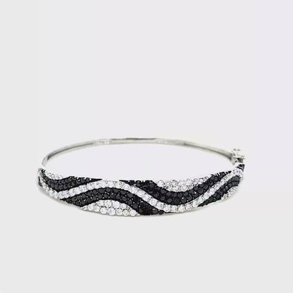 14k White Gold Wave Design Bangle Bracelet with Black and White Diamonds, 2 Carat TW, 7-Inch Fit