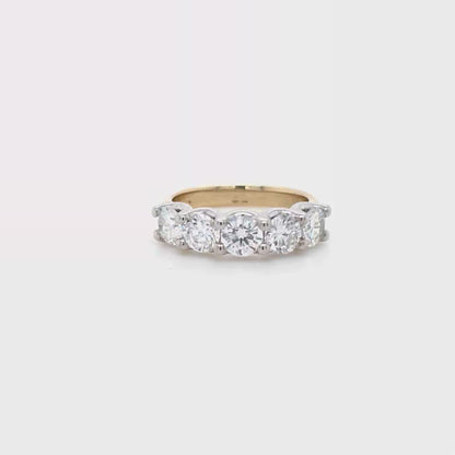 14k Two-Tone Gold Five Stone Natural Diamond Band Ring | 2.30 Carat TW Genuine Diamonds, White & Yellow Gold, Shared Prongs Setting, Size 6.5