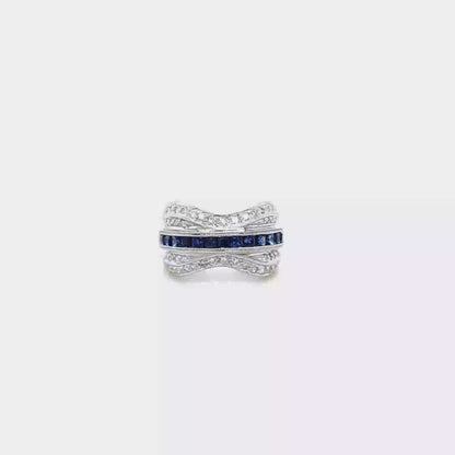 14k White Gold Wide Wave Band Ring with 1.30 Carat Princess Cut Sapphires & 0.50 Carat Round Diamonds