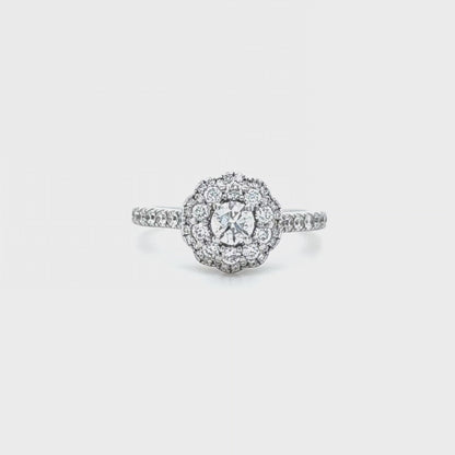 Neil Lane Round Diamond Double Halo 1 Ct Engagement Ring in 14k White Gold, Flower Design, Size 6.5