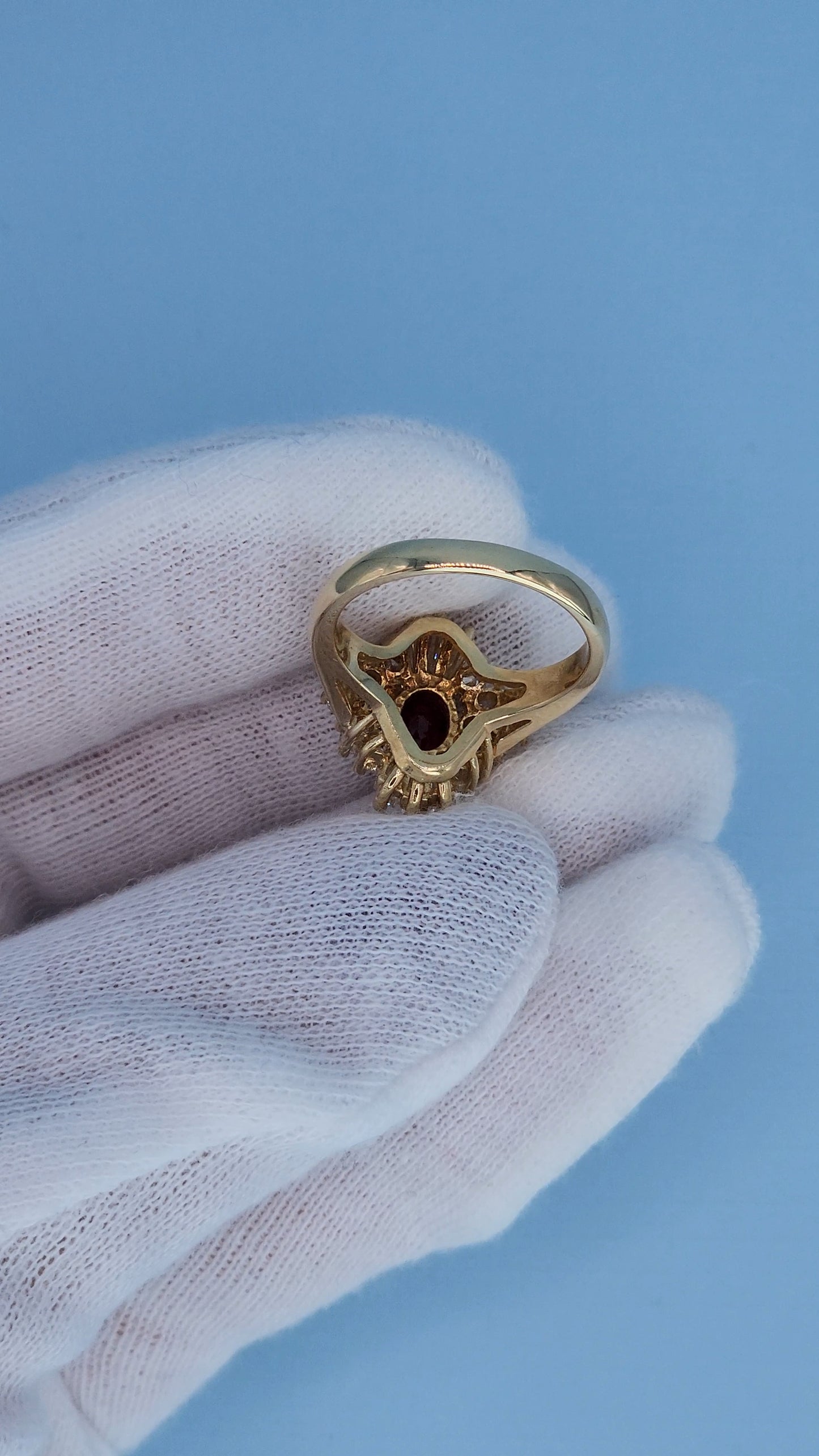 14K Yellow Gold Ruby Ballerina Ring 1.26 CT Oval Deep Red Ruby with 0.90 CTW Baguette & Round Diamonds