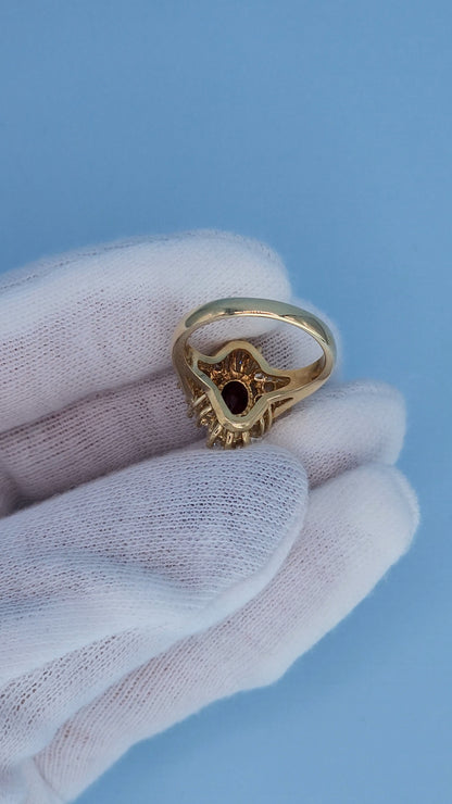14K Yellow Gold Ruby Ballerina Ring 1.26 CT Oval Deep Red Ruby with 0.90 CTW Baguette & Round Diamonds