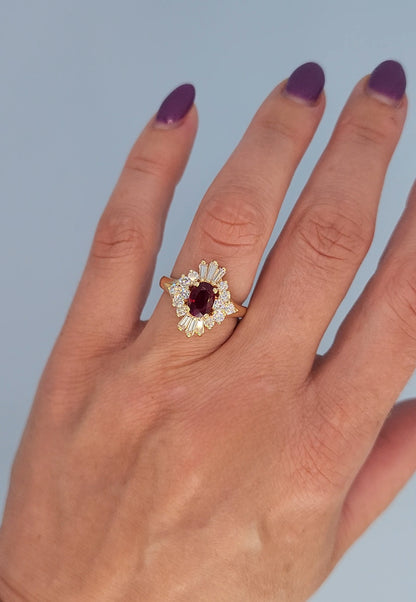 14K Yellow Gold Ruby Ballerina Ring 1.26 CT Oval Deep Red Ruby with 0.90 CTW Baguette & Round Diamonds