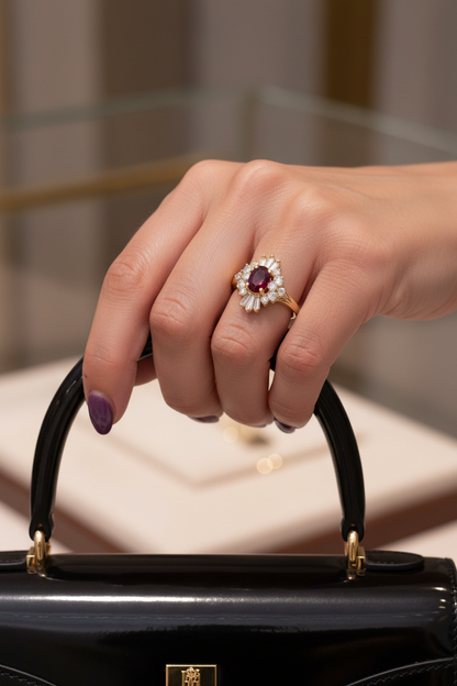 14K Yellow Gold Ruby Ballerina Ring 1.26 CT Oval Deep Red Ruby with 0.90 CTW Baguette & Round Diamonds
