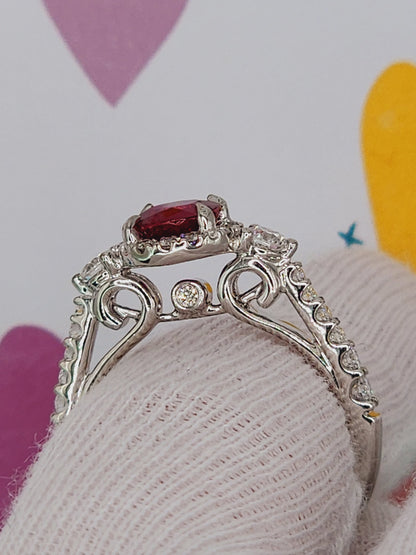 GIA Unheated Cushion Ruby and Diamond Halo Ring in 18k White Gold