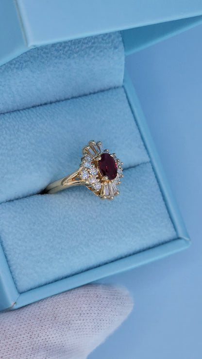 14K Yellow Gold Ruby Ballerina Ring 1.26 CT Oval Deep Red Ruby with 0.90 CTW Baguette & Round Diamonds