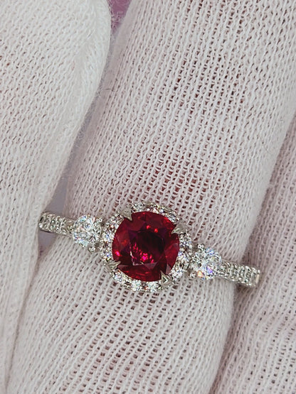 GIA Unheated Cushion Ruby and Diamond Halo Ring in 18k White Gold