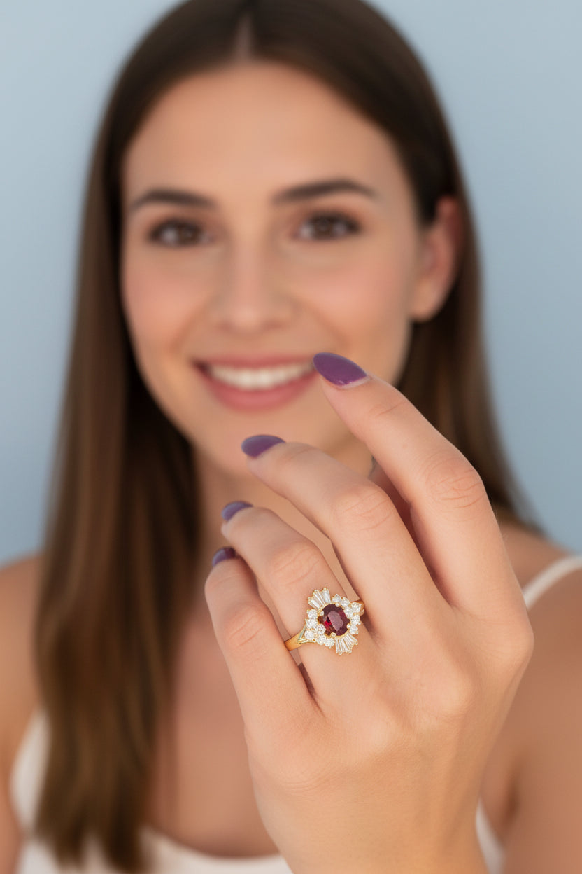 14K Yellow Gold Ruby Ballerina Ring 1.26 CT Oval Deep Red Ruby with 0.90 CTW Baguette & Round Diamonds
