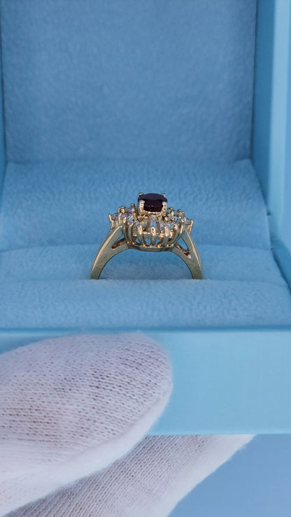 14K Yellow Gold Ruby Ballerina Ring 1.26 CT Oval Deep Red Ruby with 0.90 CTW Baguette & Round Diamonds