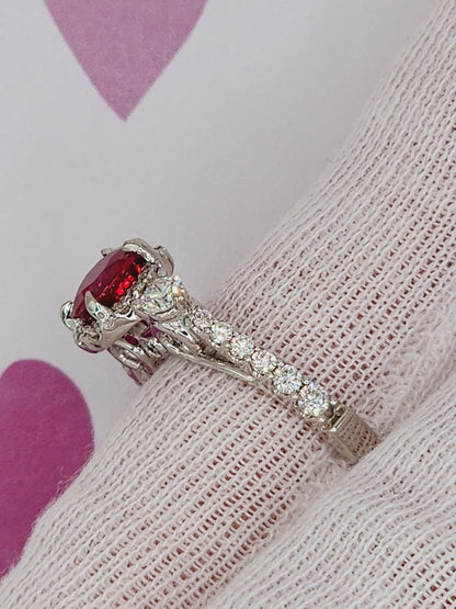 GIA Unheated Cushion Ruby and Diamond Halo Ring in 18k White Gold