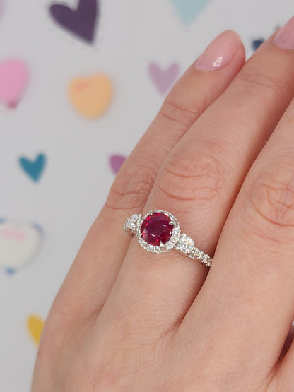 GIA Unheated Cushion Ruby and Diamond Halo Ring in 18k White Gold