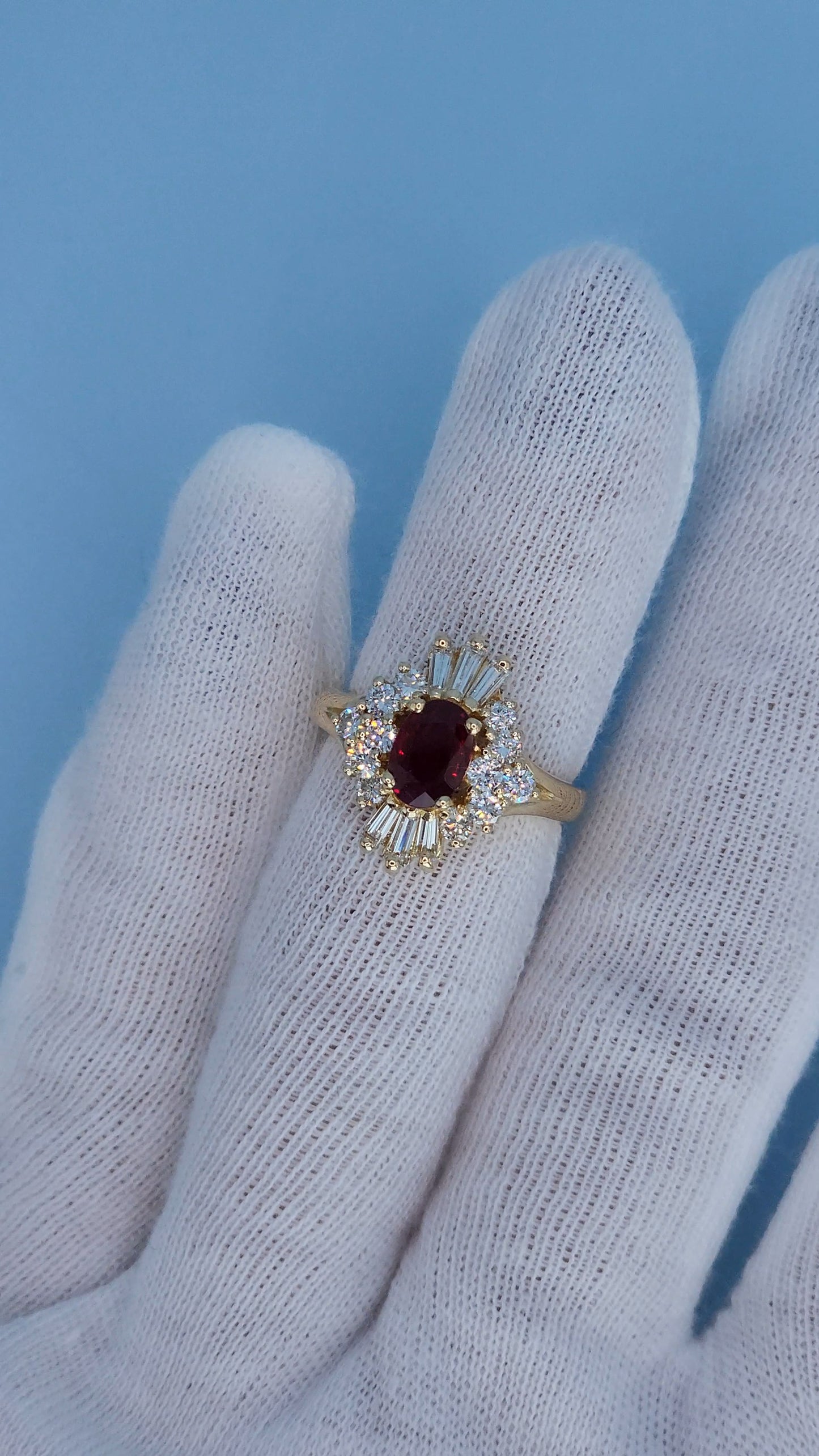 14K Yellow Gold Ruby Ballerina Ring 1.26 CT Oval Deep Red Ruby with 0.90 CTW Baguette & Round Diamonds