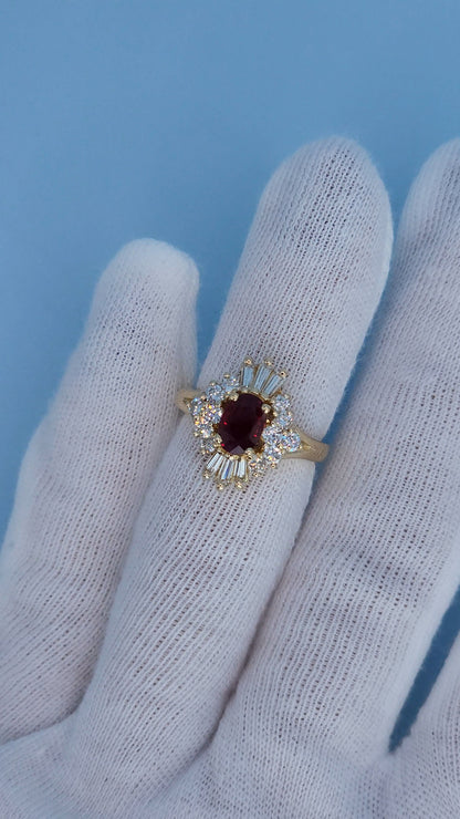 14K Yellow Gold Ruby Ballerina Ring 1.26 CT Oval Deep Red Ruby with 0.90 CTW Baguette & Round Diamonds