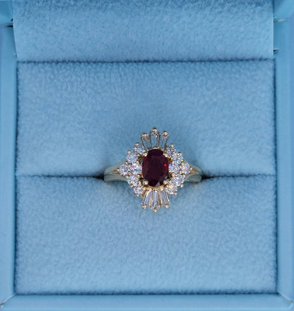 14K Yellow Gold Ruby Ballerina Ring 1.26 CT Oval Deep Red Ruby with 0.90 CTW Baguette & Round Diamonds