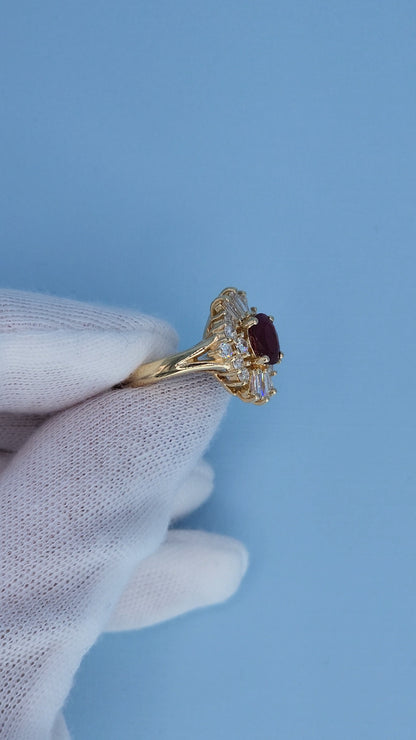 14K Yellow Gold Ruby Ballerina Ring 1.26 CT Oval Deep Red Ruby with 0.90 CTW Baguette & Round Diamonds