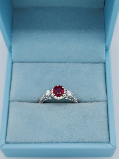 GIA Unheated Cushion Ruby and Diamond Halo Ring in 18k White Gold